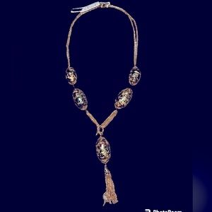 Vintage Gold Plated Tassel Necklace Resin Beads 18k Gold Flakes Encased